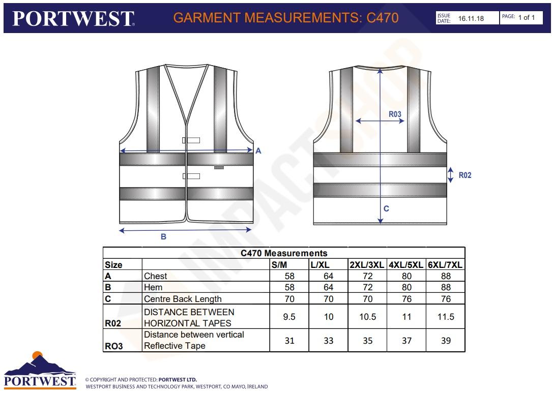 Portwest C470 mérettáblázat