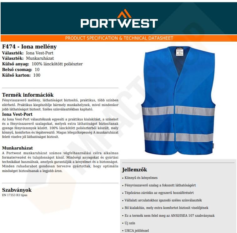 Portwest F474 adatlap