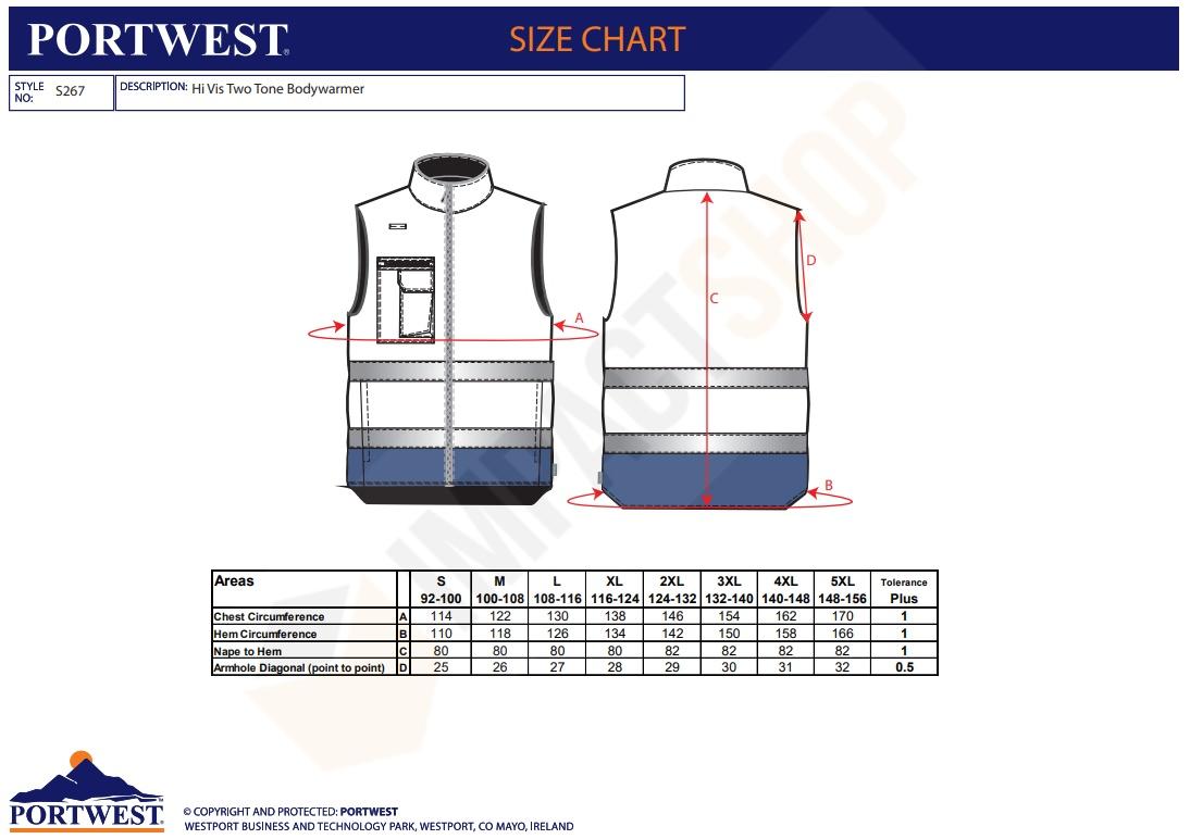 Portwest S267 mérettáblázat