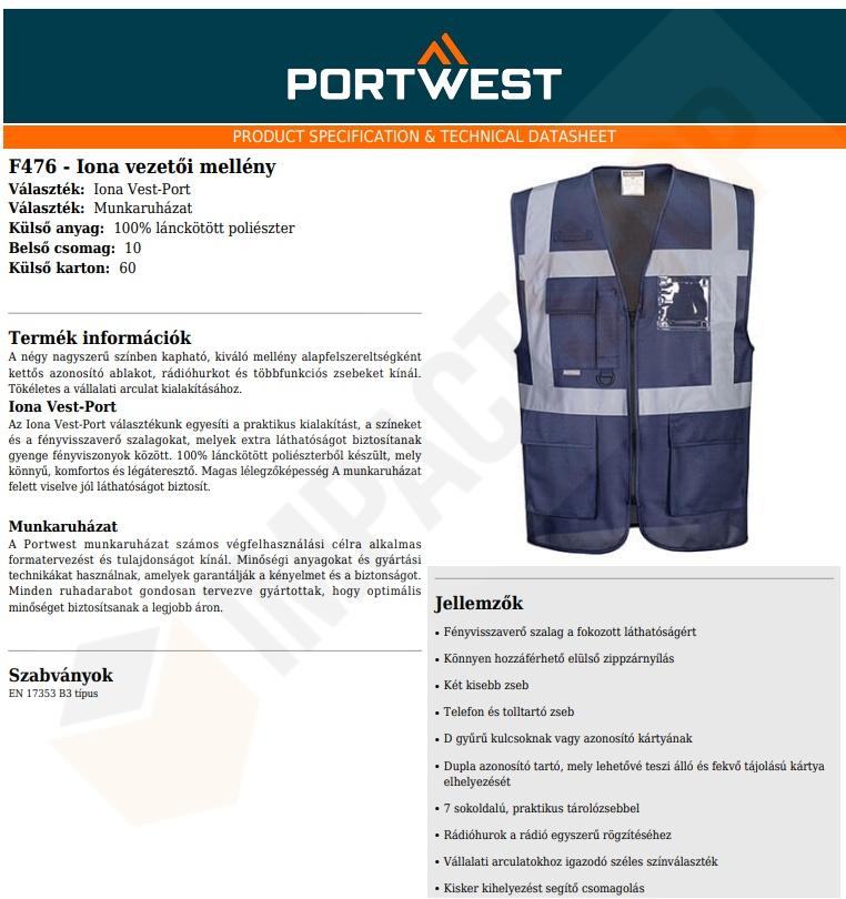 Portwest F476 adatlap