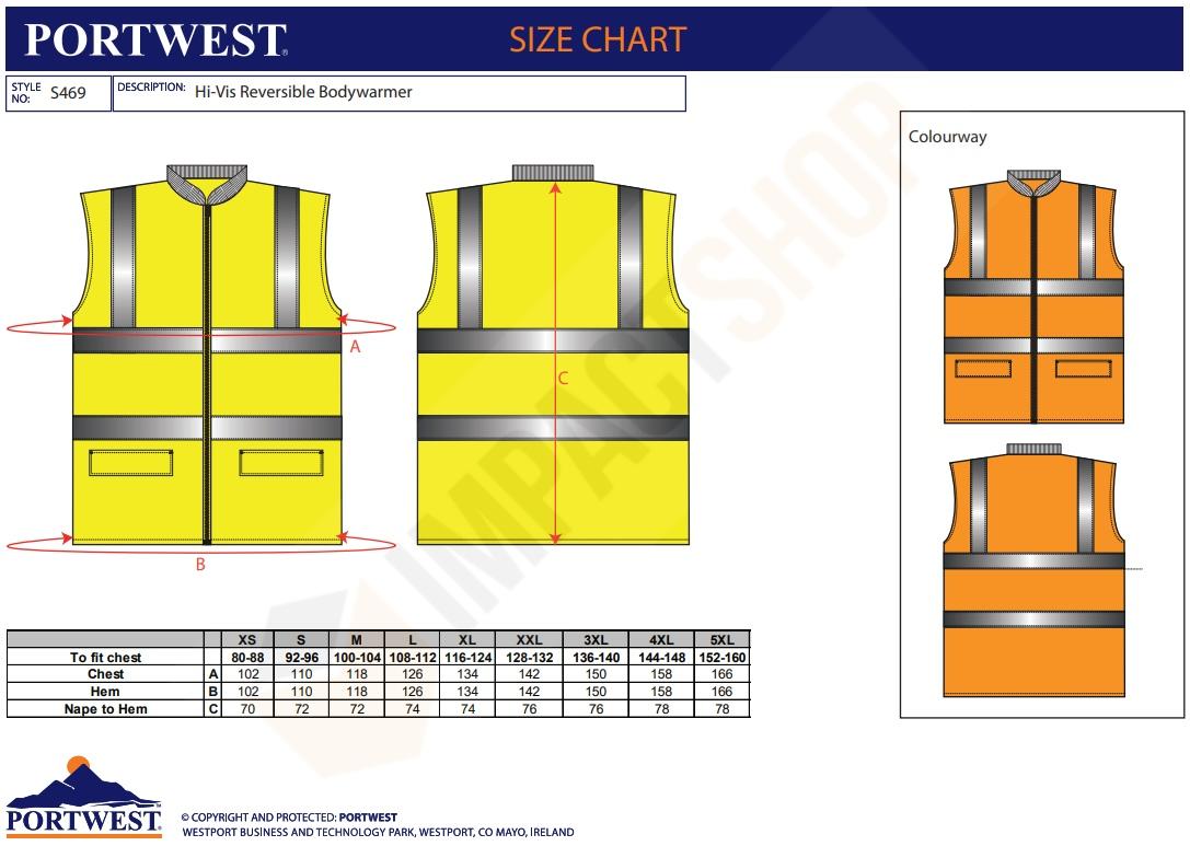 Portwest S469 mérettáblázat