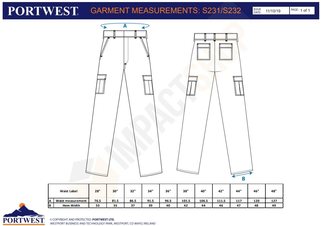 Portwest S231 mérettáblázat
