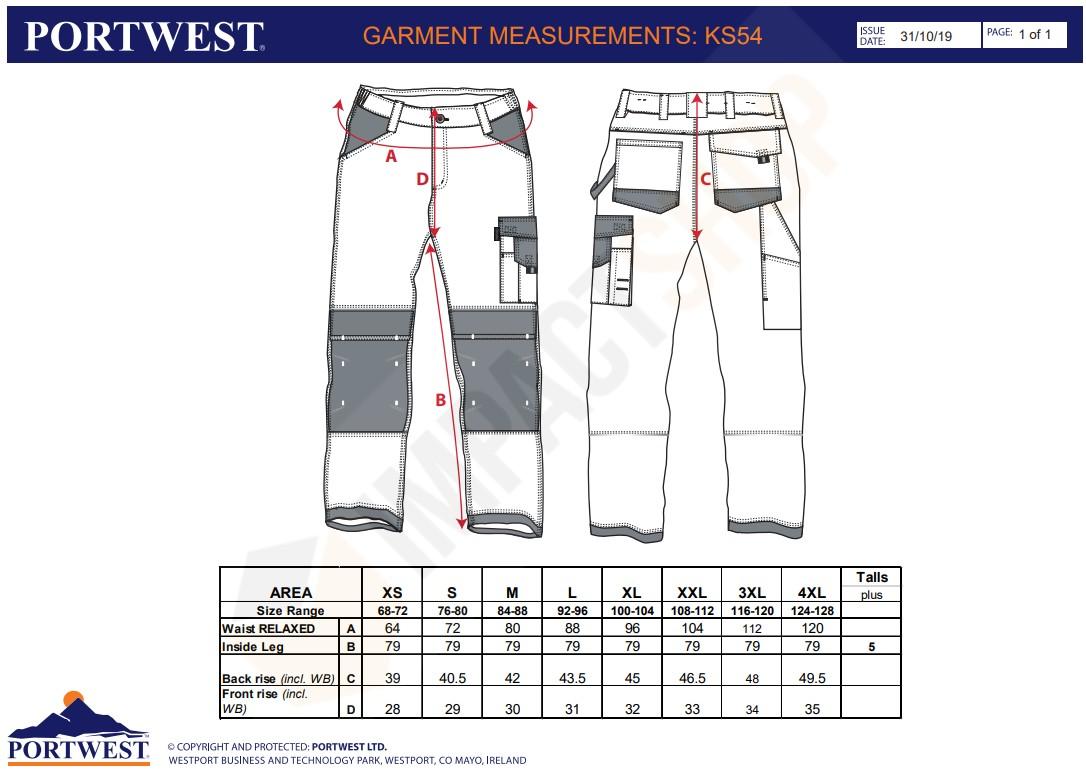 Portwest KS54 mérettáblázat
