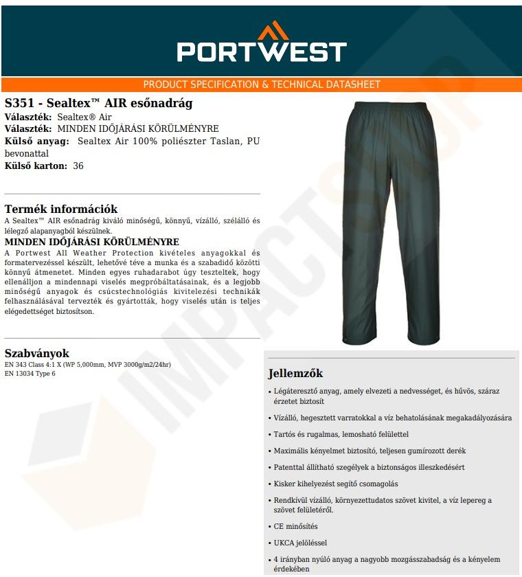 Portwest S351 adatlap