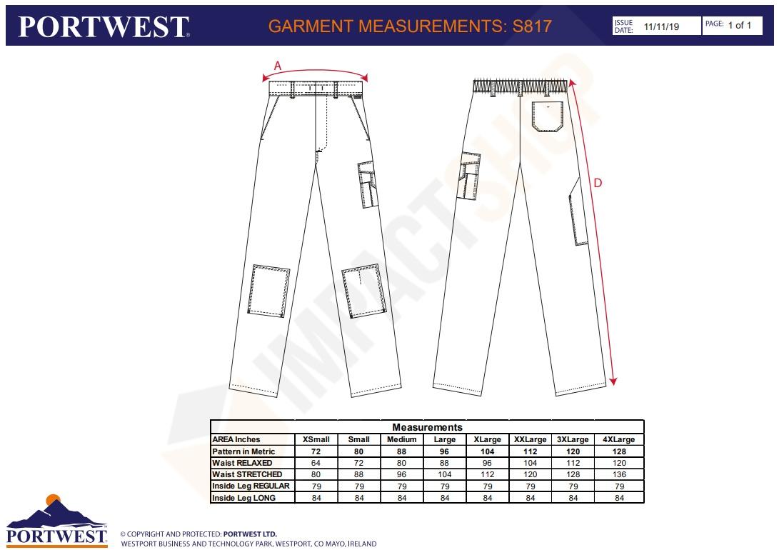 Portwest S817 mérettáblázat