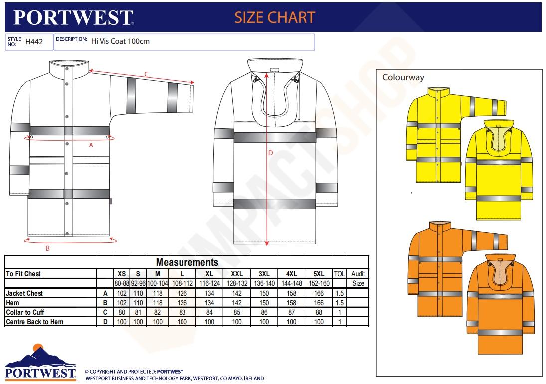 Portwest H442 mérettáblázat