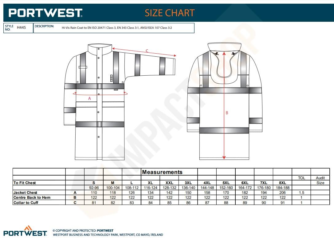 Portwest H445 mérettáblázat