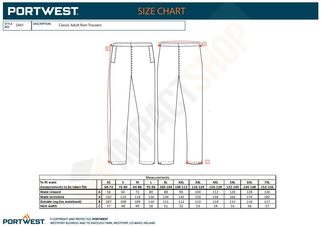 Portwest S441 mérettáblázat