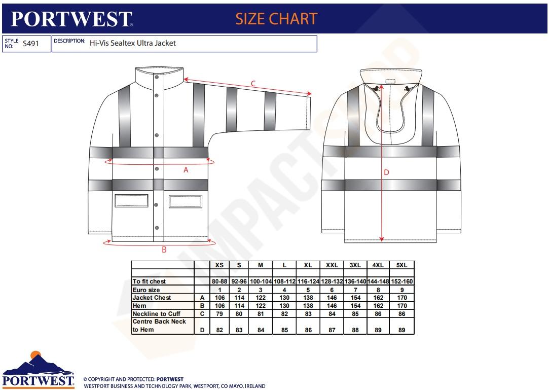 Portwest S491 mérettáblázat