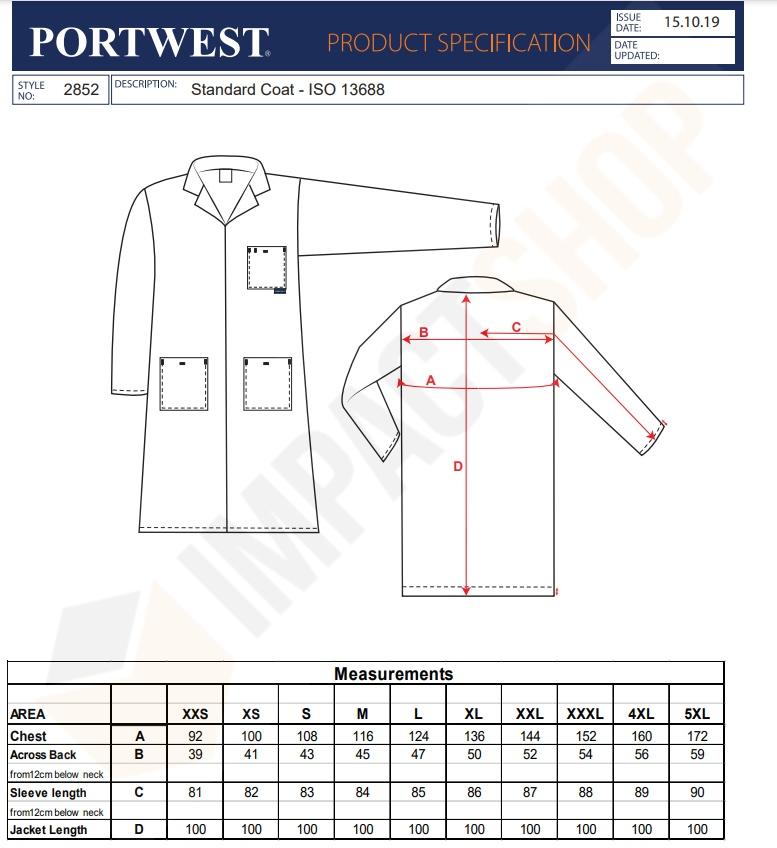 Portwest 2852 mérettáblázat