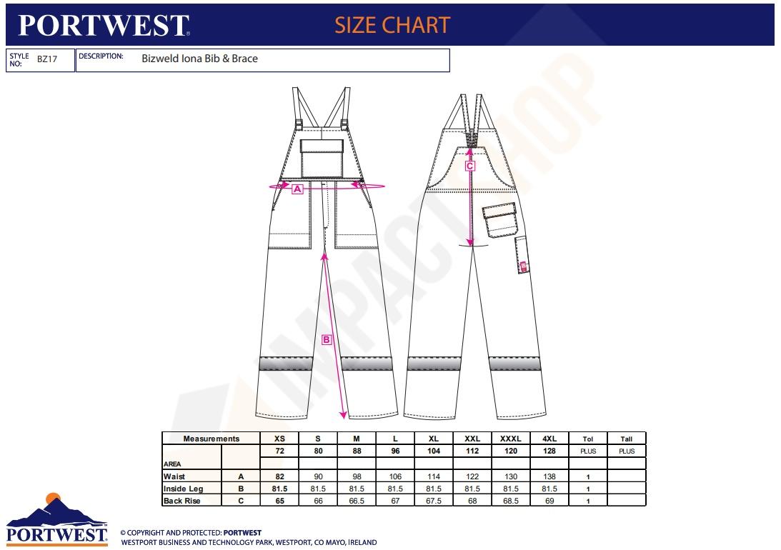 Portwest BZ17 mérettáblázat