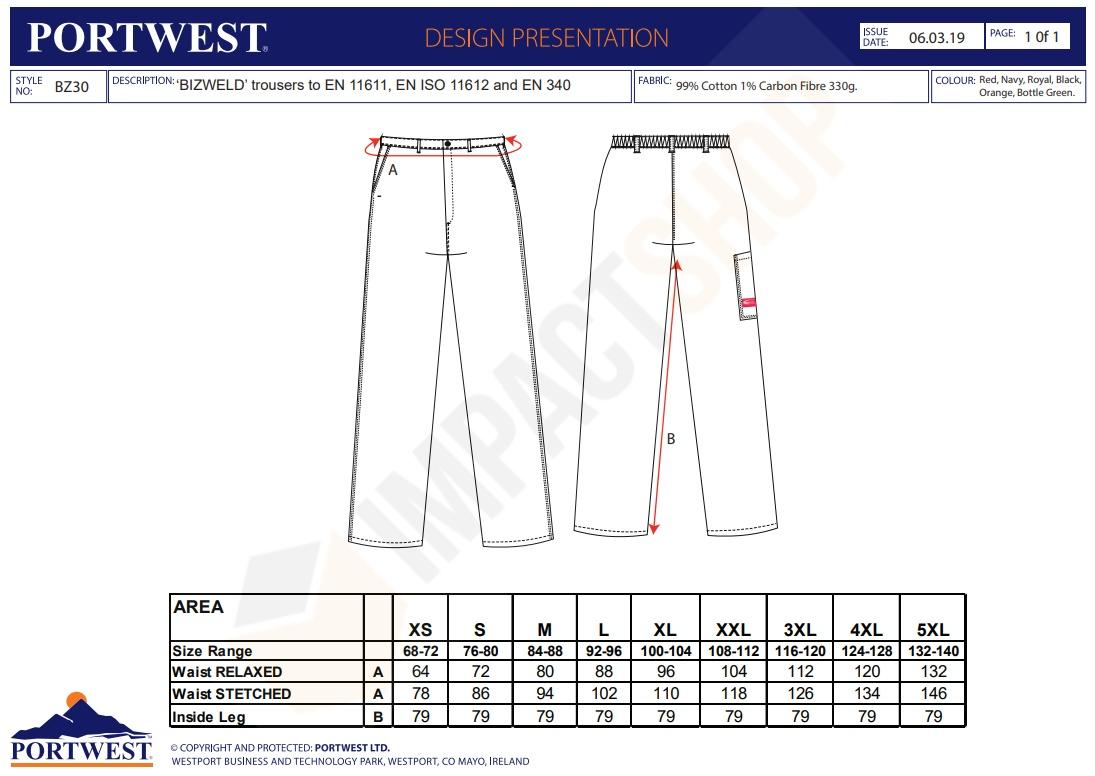 Portwest bz30 mérettáblázat