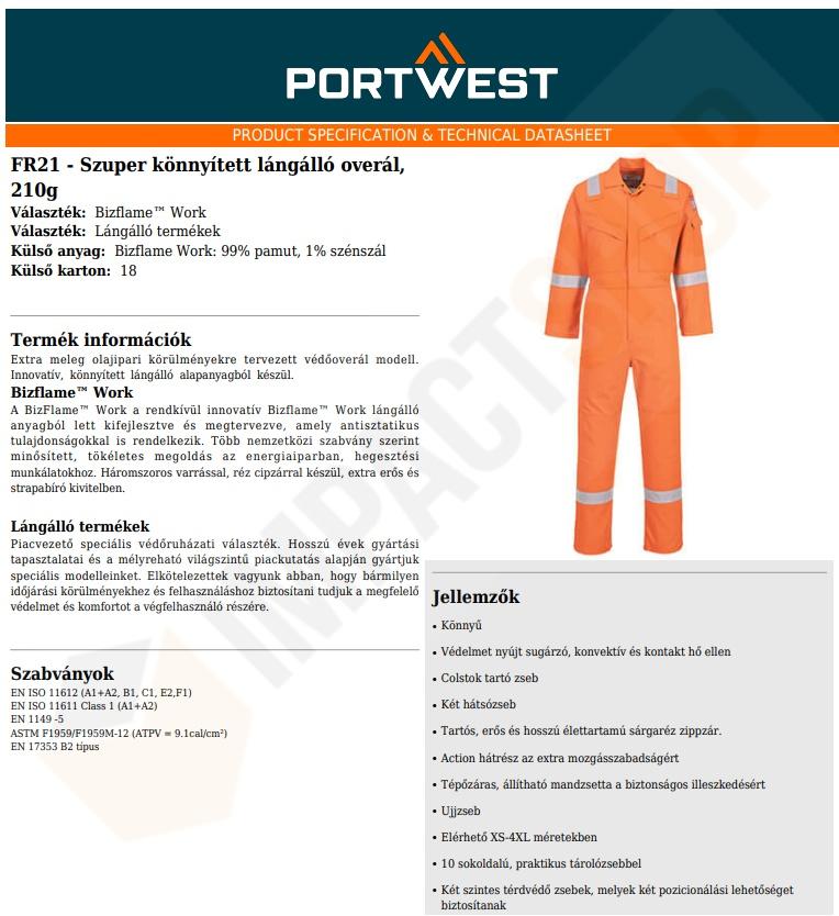 Portwest FR21 adatlap