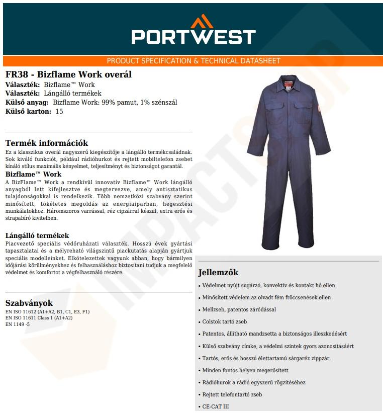 Portwest FR38 adatlap