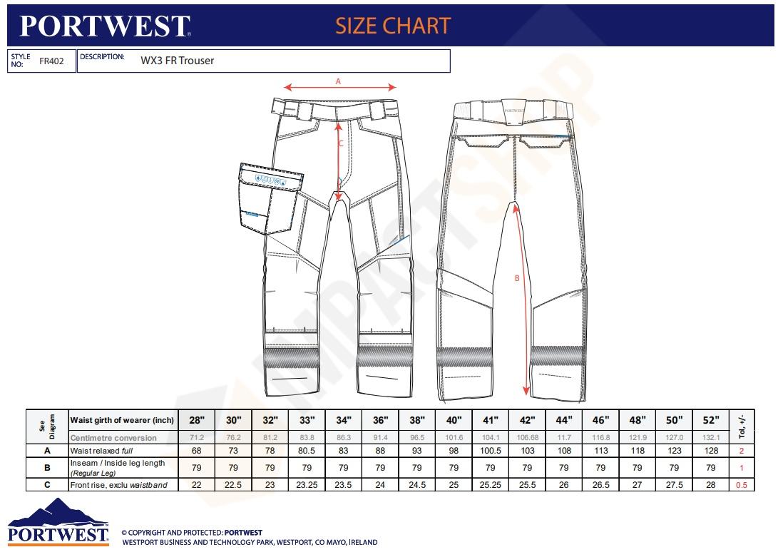 Portwest FR402 mérettáblázat