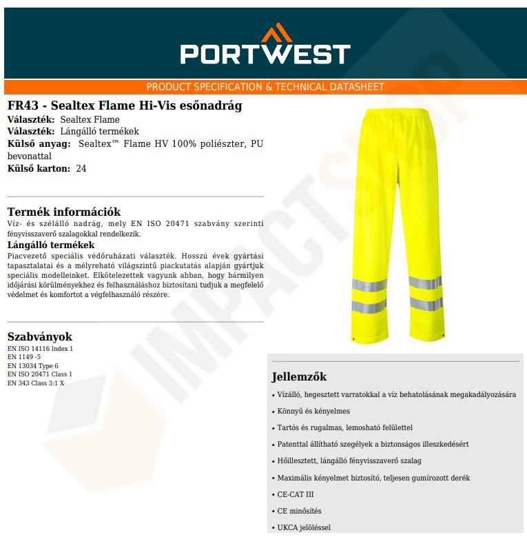 Portwest FR43 adatlap