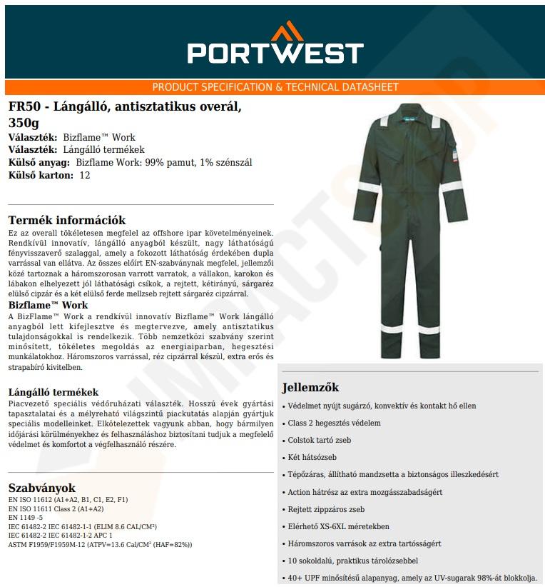 Portwest FR50 Adatlap