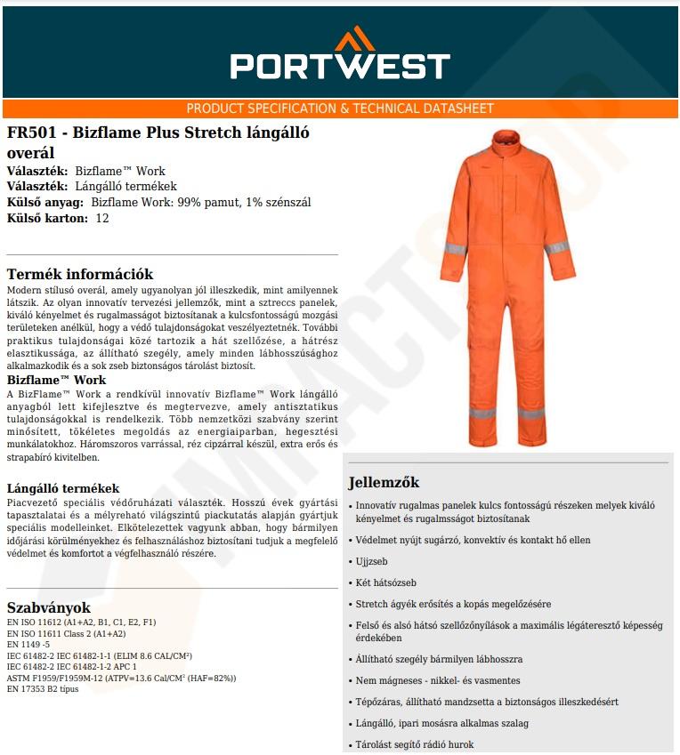 Portwest FR501 adatlap