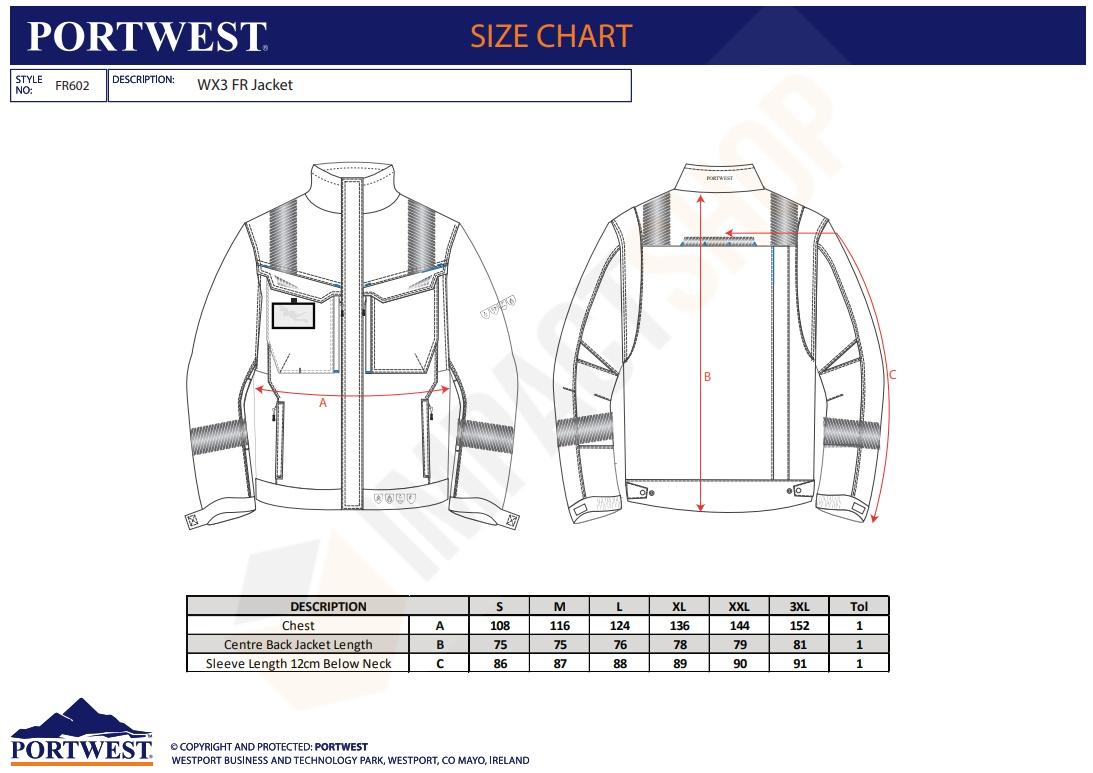 Portwest FR602 mérettáblázat