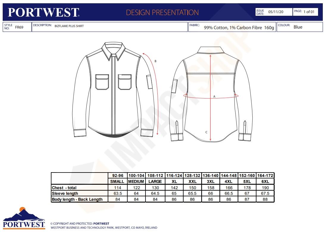 Portwest FR69 mérettáblázat