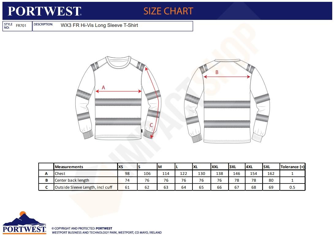 Portwest FR701 mérettáblázat