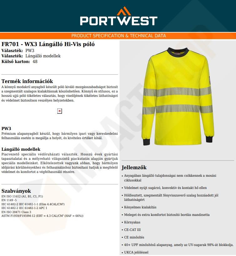 Portwest FR701 adatlap