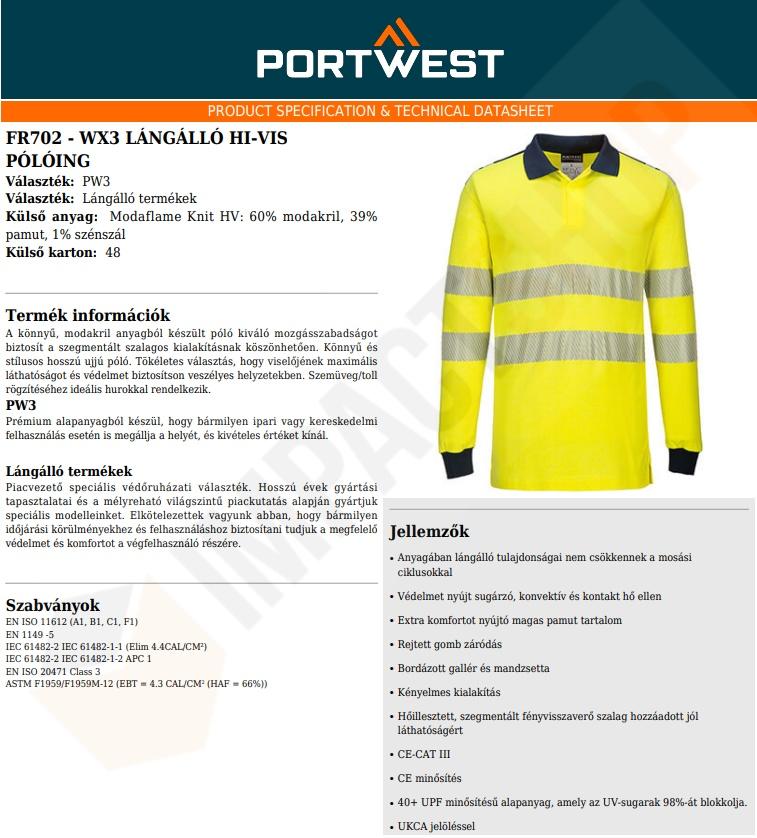 Portwest FR702 adatlap