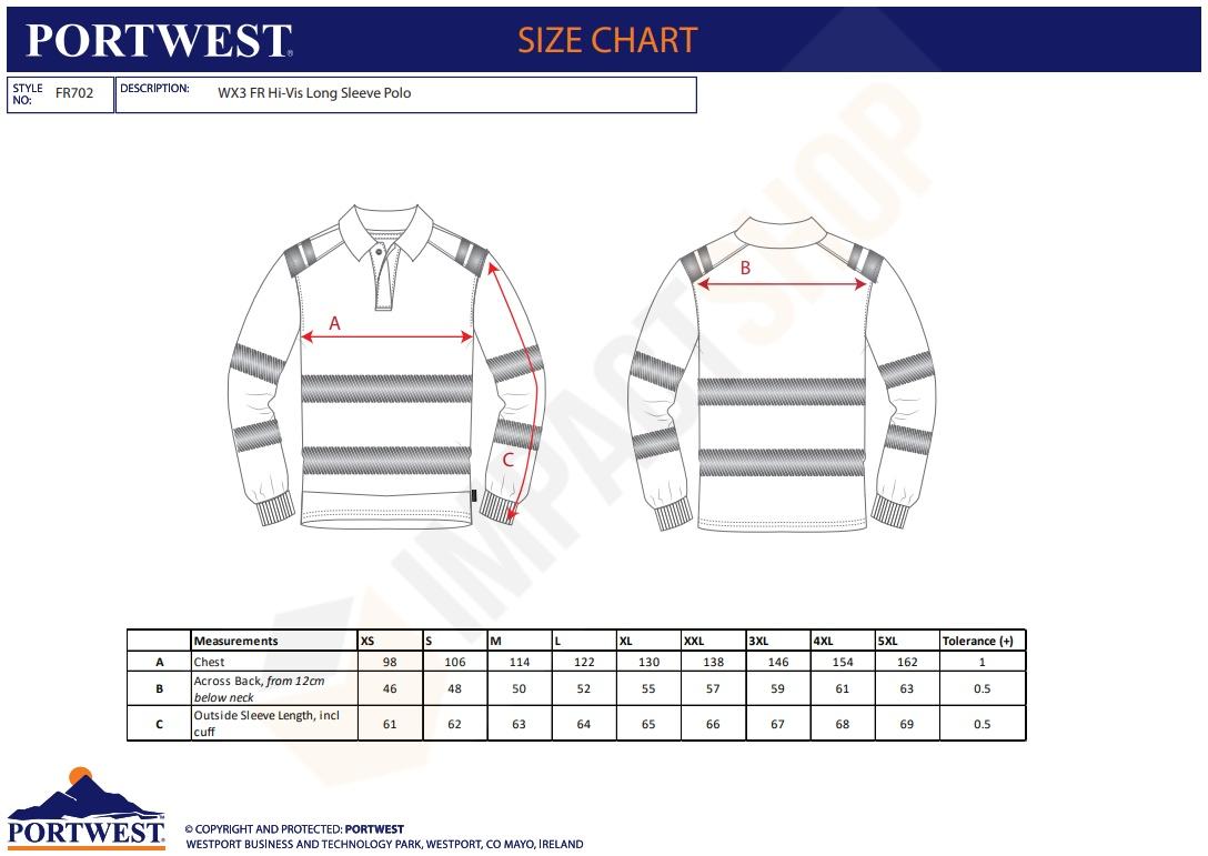 Portwest FR702 mérettáblázat