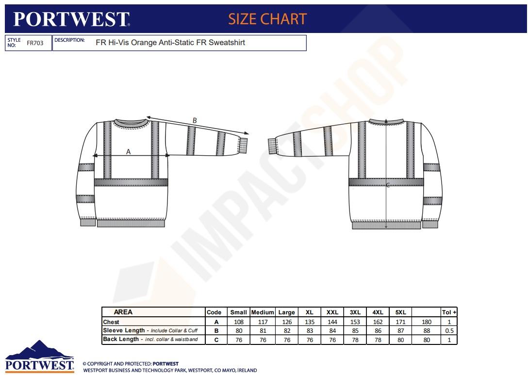 Portwest FR703 mérettáblázat