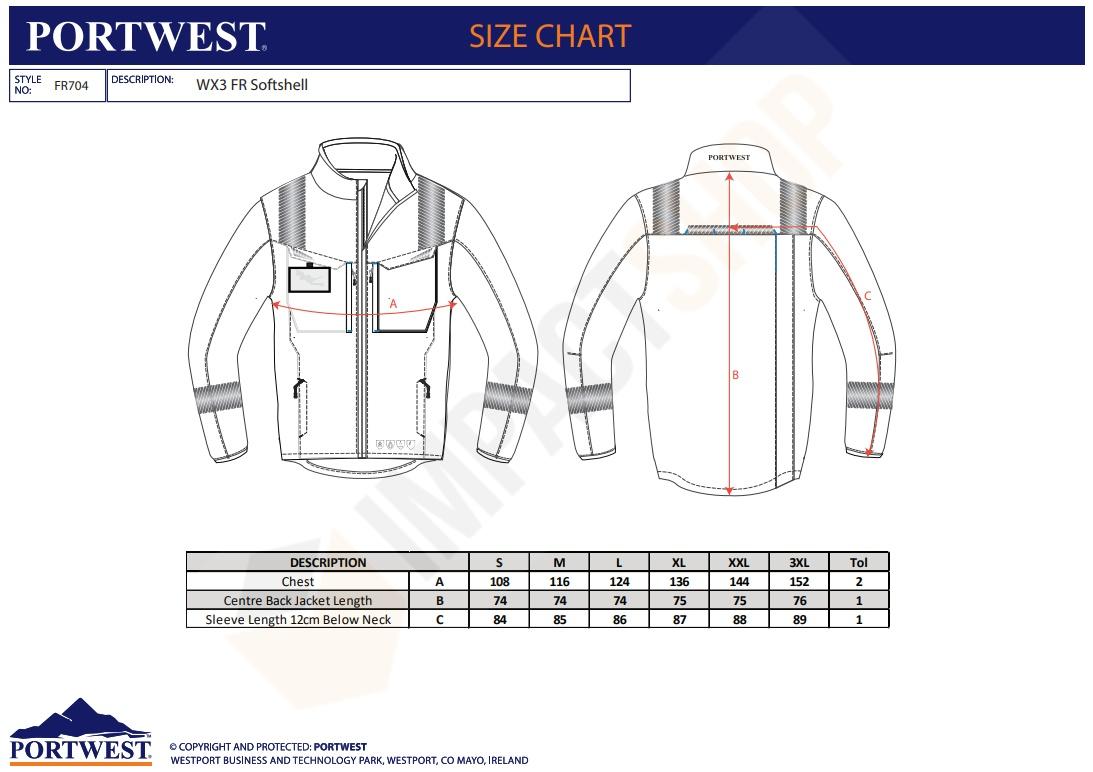 Portwest FR704 mérettáblázat