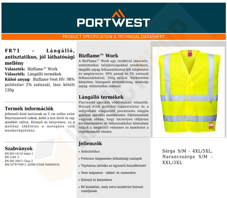 Portwest FR71 adatlap