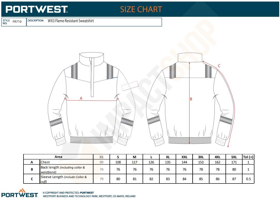 Portwest FR710 mérettáblázat