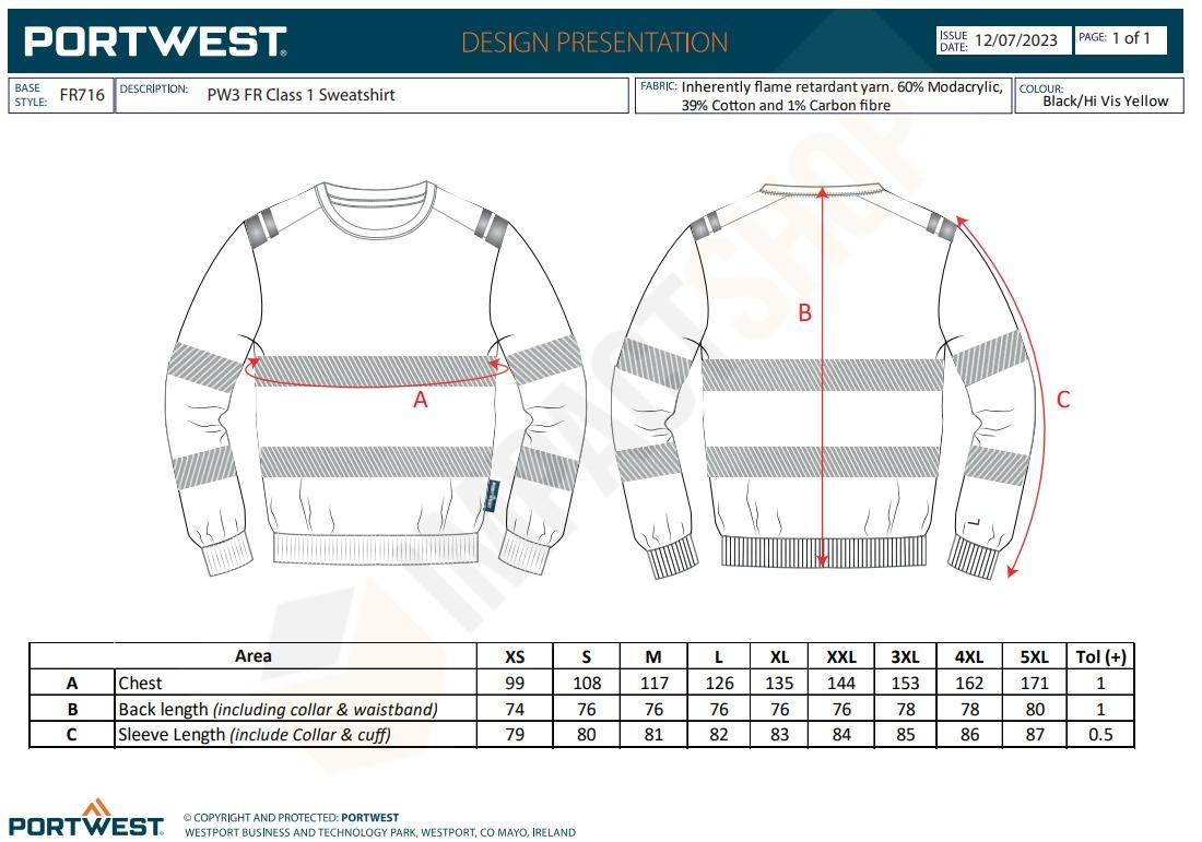Portwest FR716 mérettáblázat