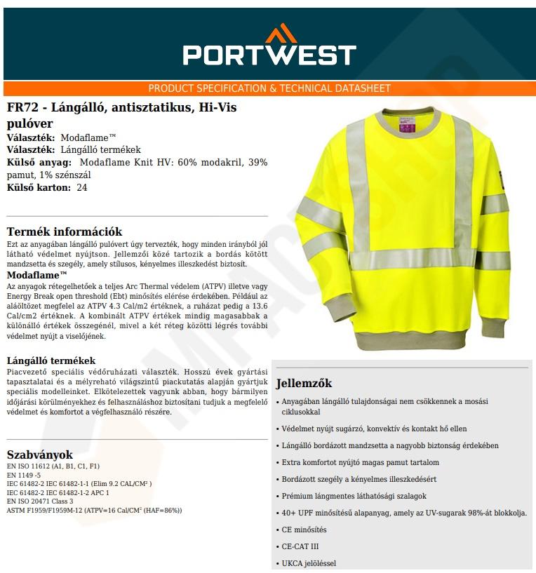 Portwest FR72 adatlap