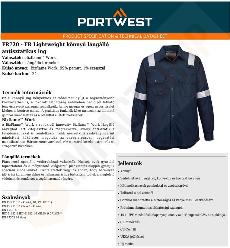 Portwest FR720 adatlap