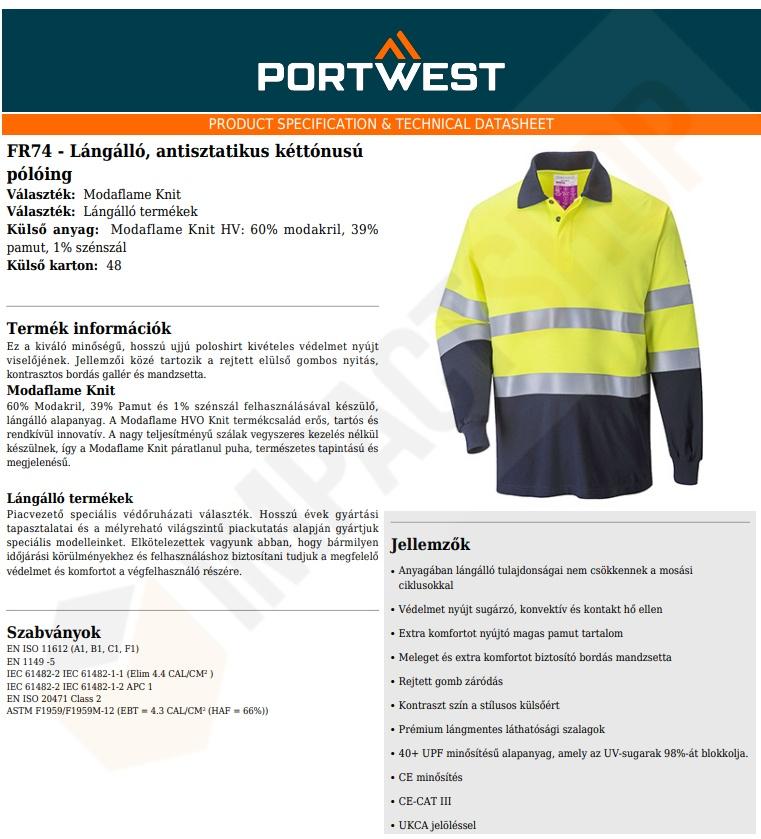 Portwest FR74 adatlap