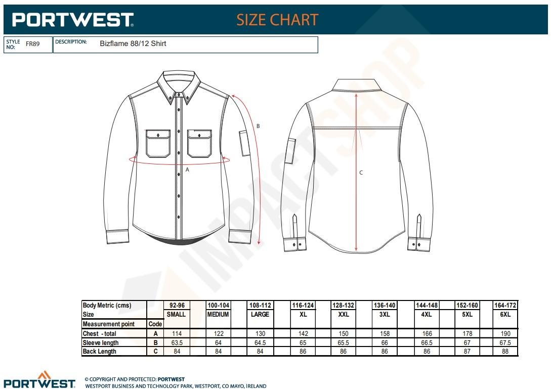Portwest FR89 mérettáblázat
