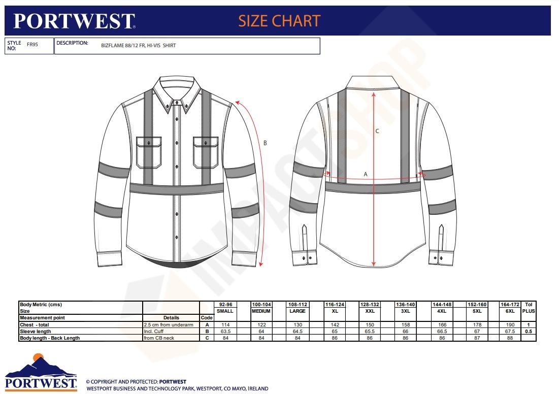 Portwest FR95 mérettáblázat