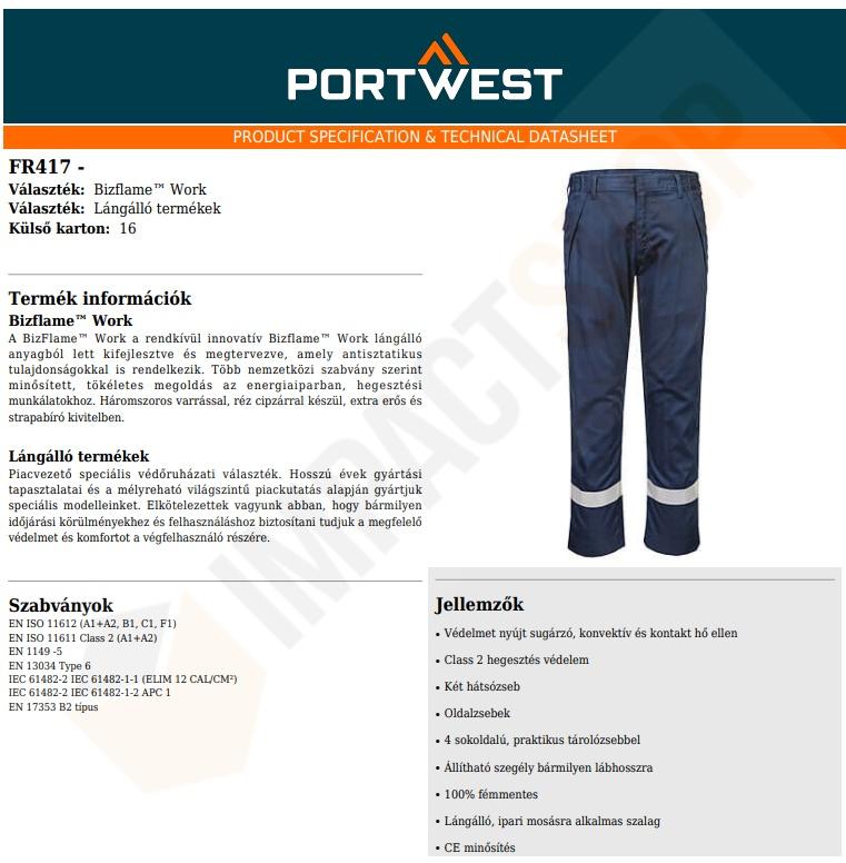 Portwest FR417 adatlap