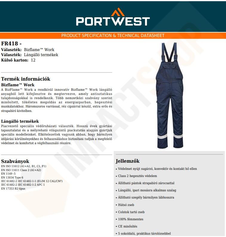 Portwest FR418 adatlap