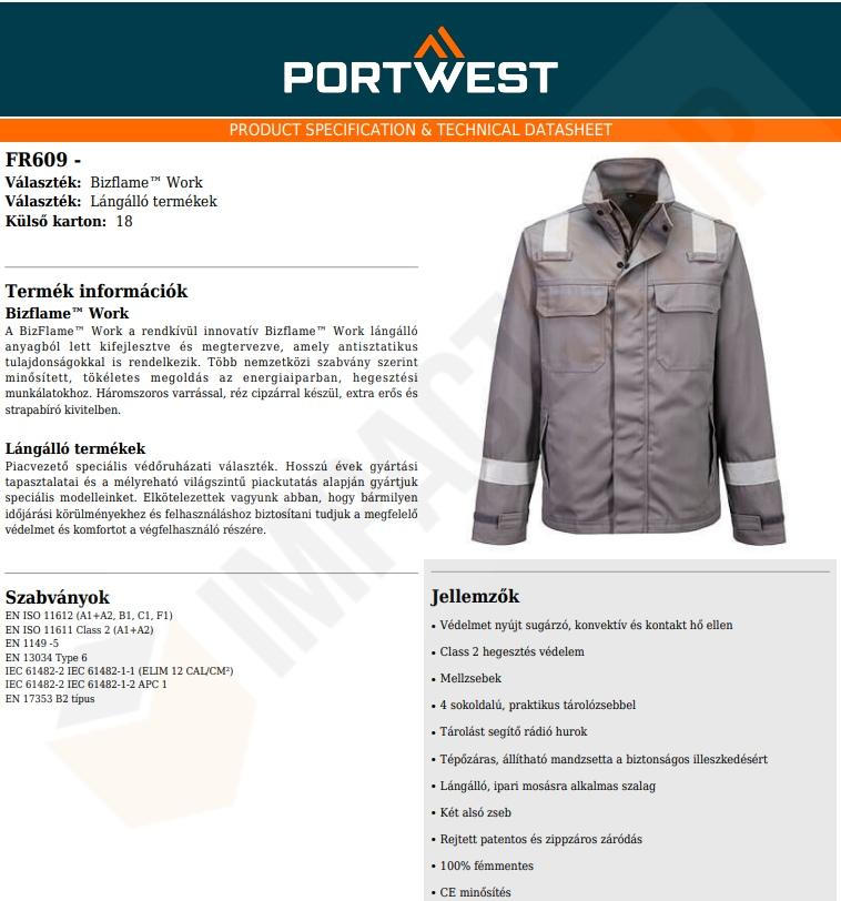 Portwest FR609 adatlap