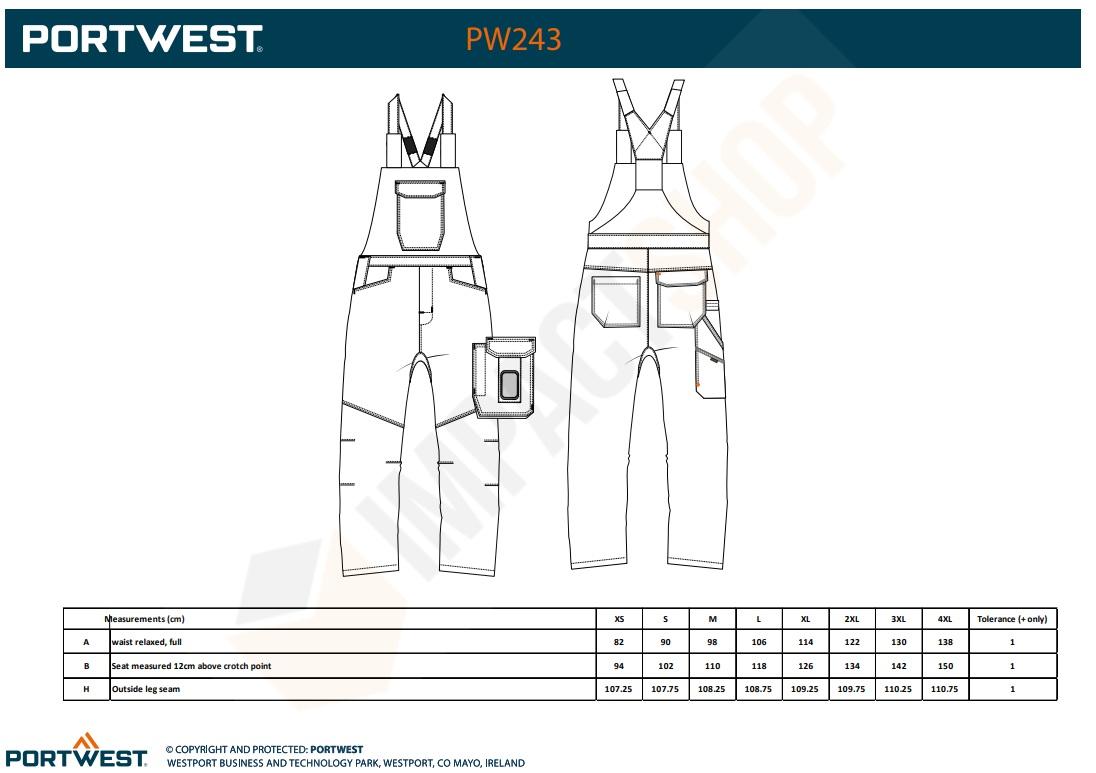 Portwest PW243 mérettáblázat