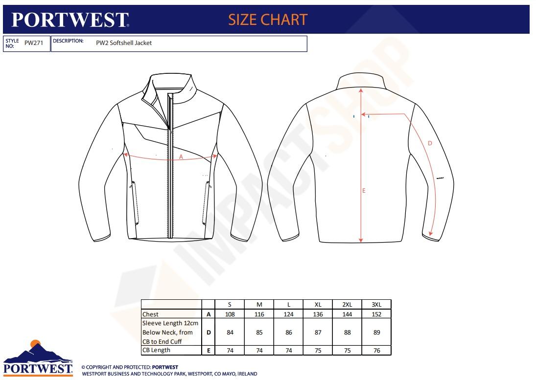 Portwest PW271 mérettáblázat