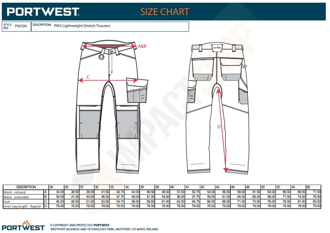 Portwest PW304 mérettáblázat