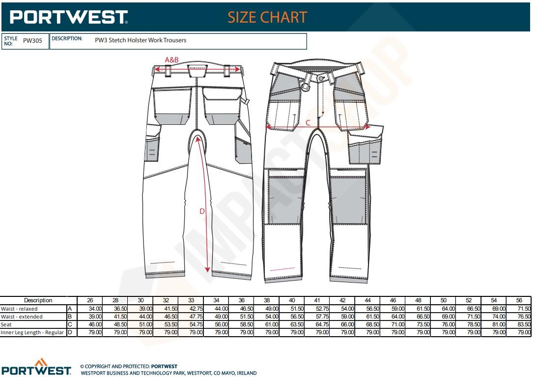 Portwest PW305 mérettáblázat