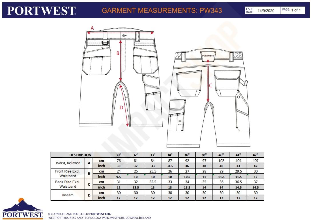 Portwest PW343 mérettáblázat