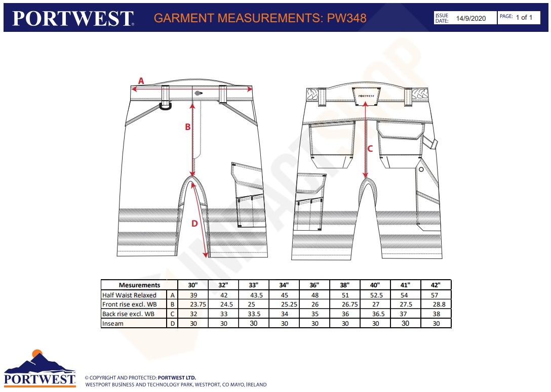 Portwest PW348 mérettáblázat
