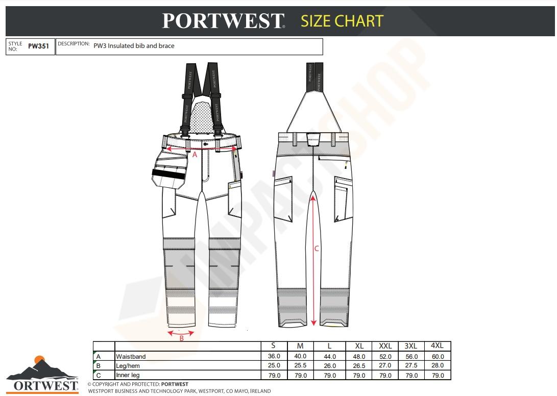 Portwest PW351 mérettáblázat