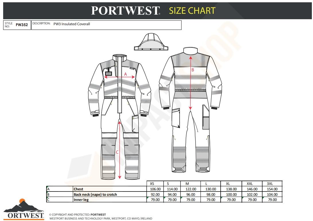 Portwest PW352 mérettáblázat