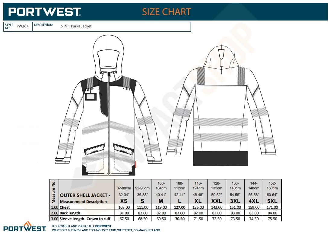 Portwest PW367 mérettáblázat